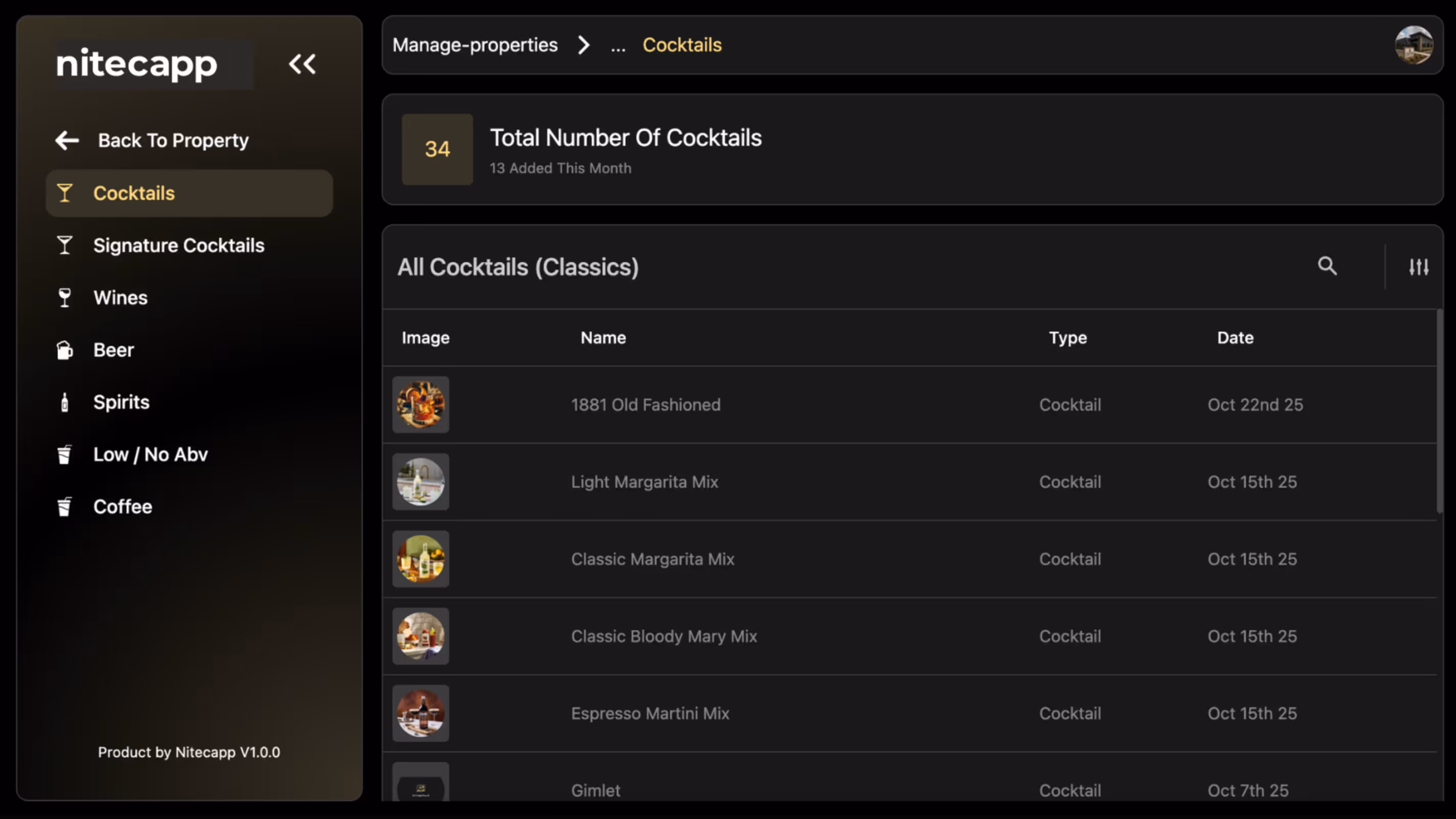Nitecapp interface showing cocktail management with a list of classic cocktails, their images, types, and dates added.