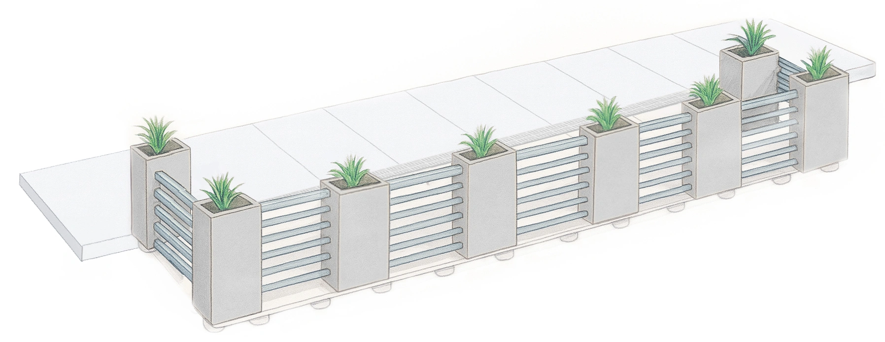 A street deck of a bench adorned with various plants, showcasing a blend of nature and seating.