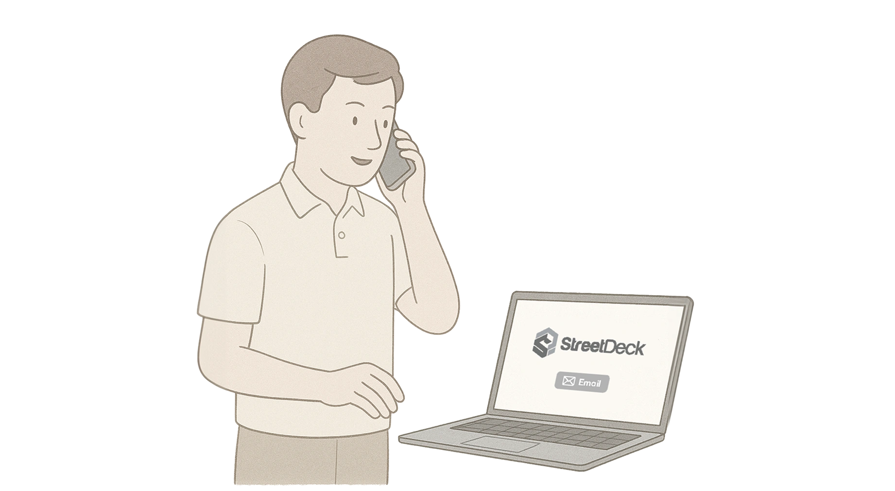 A man speaks on a cell phone while focused on his laptop screen, street deck.