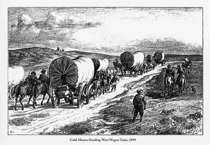 Antique Engraved Victorian Illustration of Gold Miners Heading West Wagon Train Victorian Engraving, 1899.