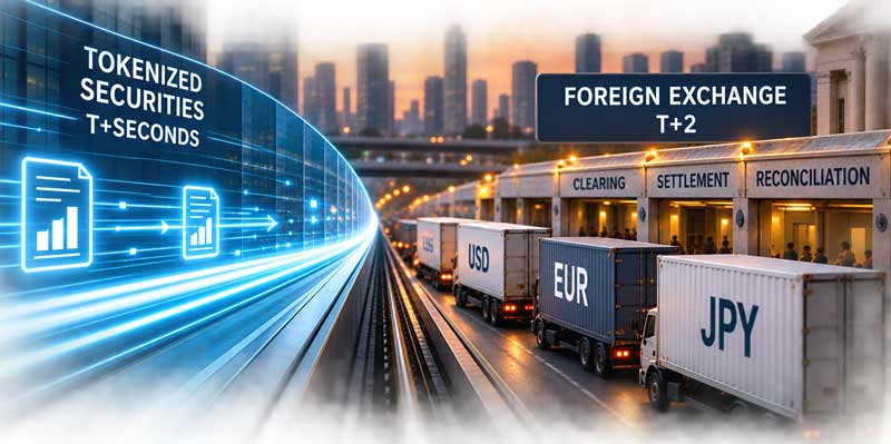 Tokenized securities icons representing quick settlement (T+seconds) move on a superhighway while trucks labeled with "USD" "EUR" and "JPY", representing Foreign Exchange settlement (T+2) move slower and are stuck in traffic on a highway.
