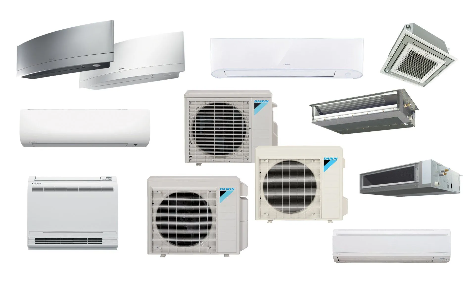 Various models of Daikin ductless air conditioning indoor and outdoor units arranged on a white background.
