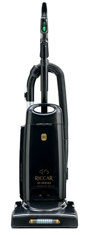 Black Riccar 25 Series premium vacuum cleaner with a handle, flexible hose, and LED lights at the base.