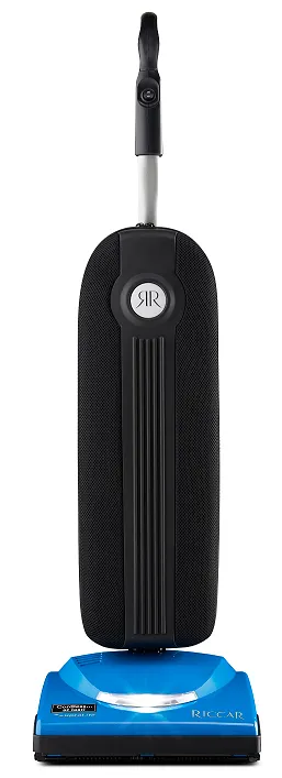 Blue Riccar upright vacuum cleaner with a black fabric bag and silver handle.