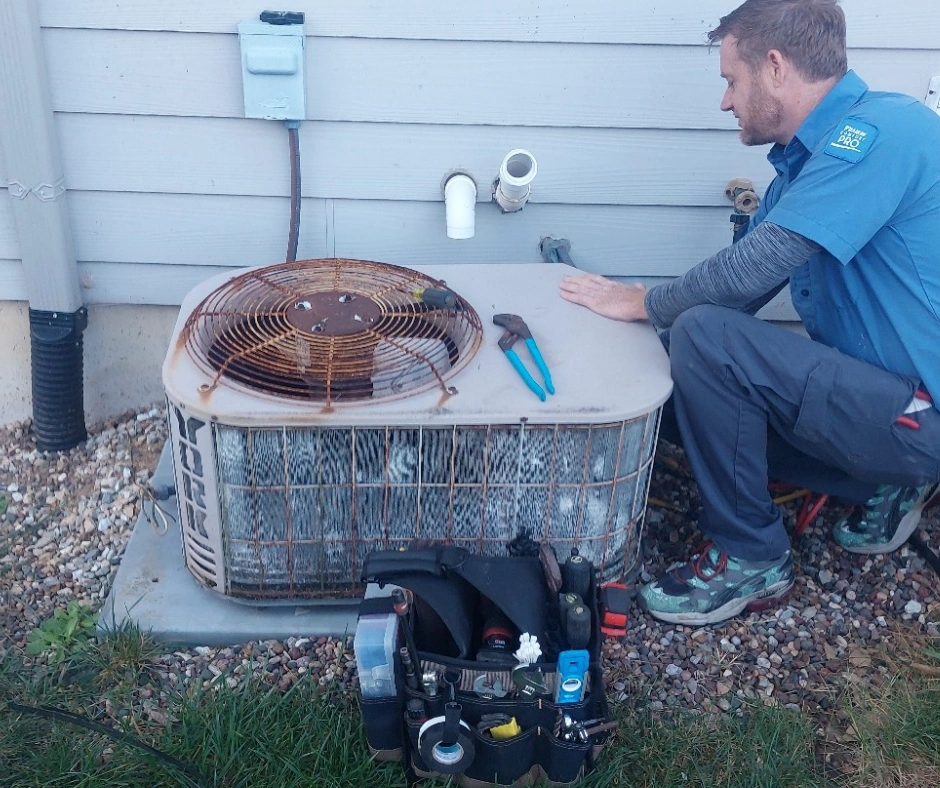 Technician inspecting an old, rusty outdoor air conditioning unit with tools on top and a tool bag on the ground.