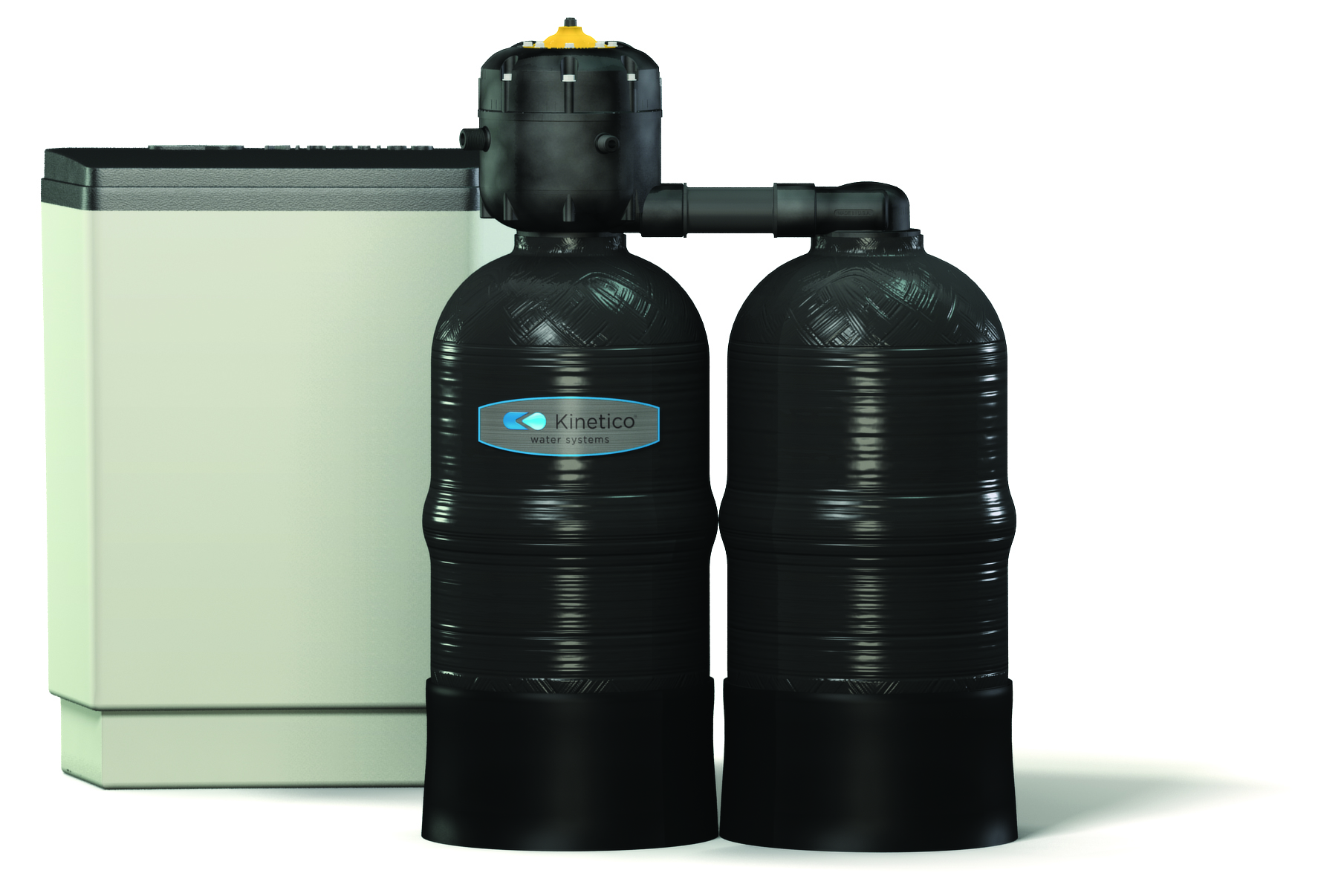 Kinetico water filtration system with two black cylindrical tanks connected by piping and a control unit on top, next to a beige rectangular cabinet.