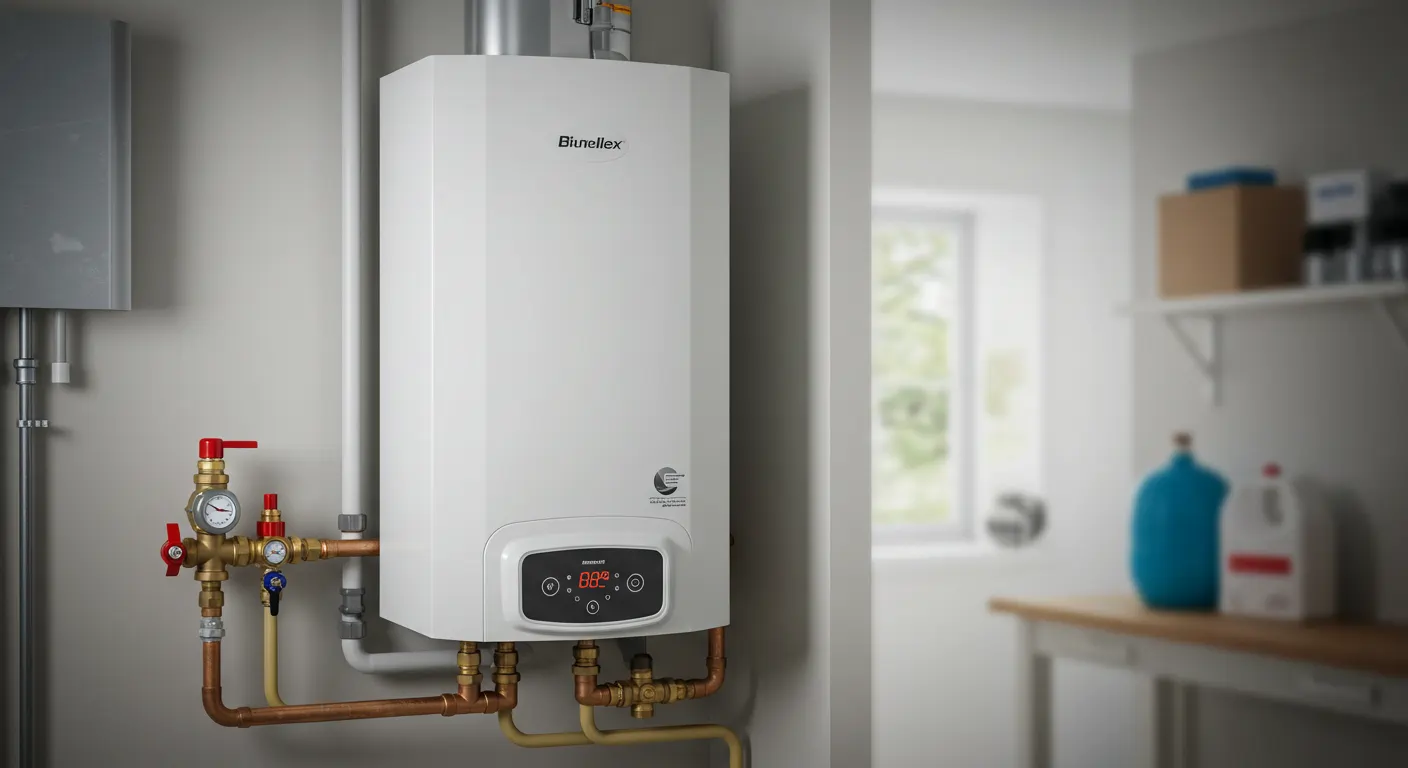  A sleek, white, wall-mounted tankless water heater with the brand name "Buderus" is installed on a light gray wall. A cluster of copper piping, valves, and gauges, including a prominent red shut-off valve, is connected to the bottom of the unit. The background shows a bright utility or laundry room with a window, white shelves, and a blurred countertop.