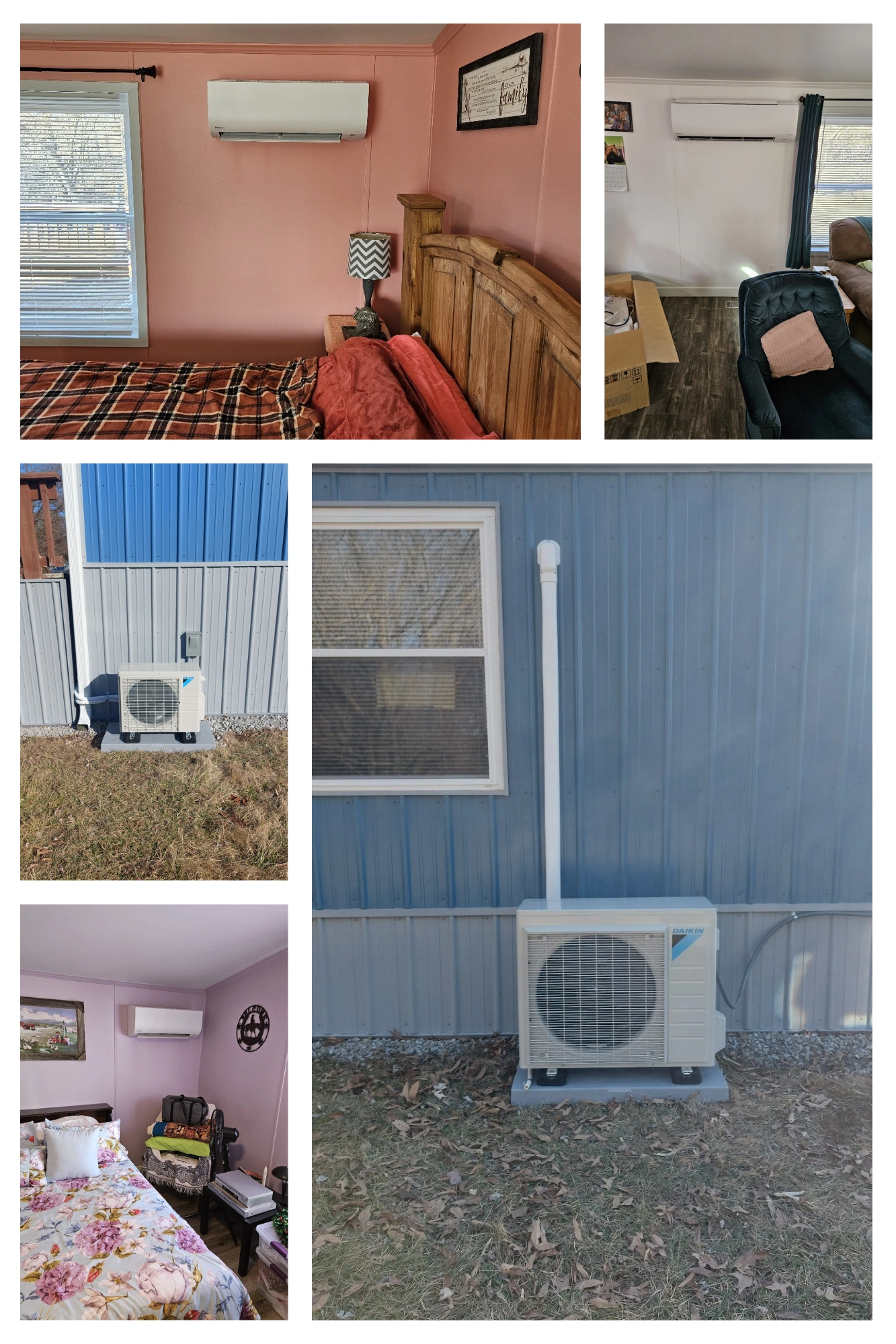 Collage of a home with air conditioning units. Indoor units in bedrooms and living room with cozy decor. 