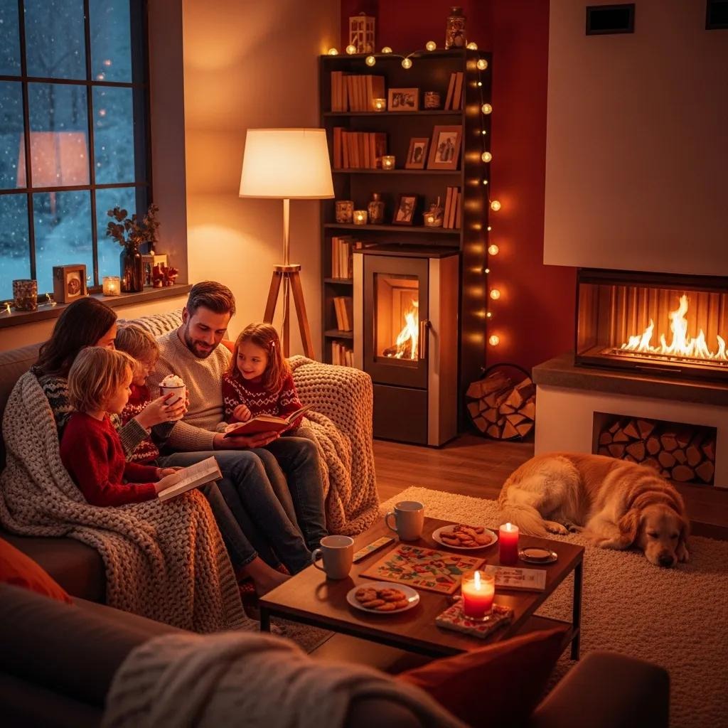Cozy living room with a modern gas furnace, highlighting warmth and comfort during winter