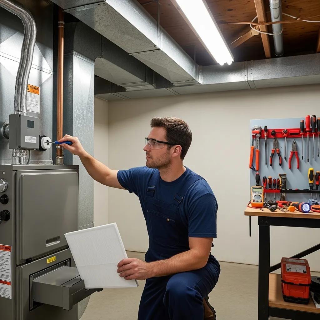 Technician inspecting a furnace, demonstrating troubleshooting techniques for heating systems