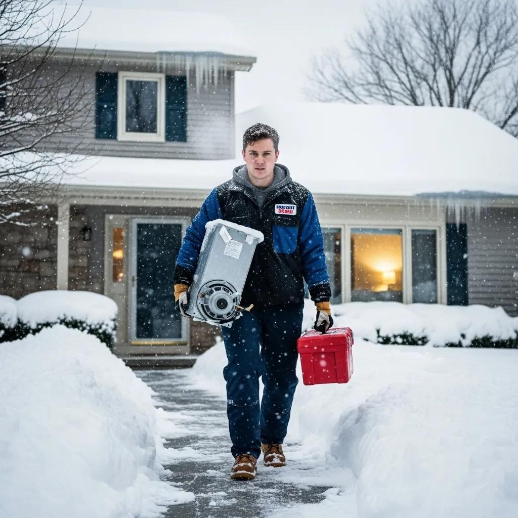 Emergency furnace repair technician arriving at a home during winter, ready to assist
