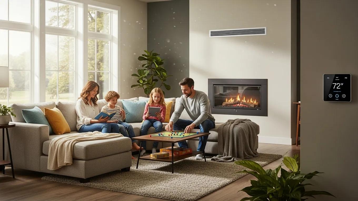 Modern HVAC system in a cozy living room, highlighting home comfort and efficiency