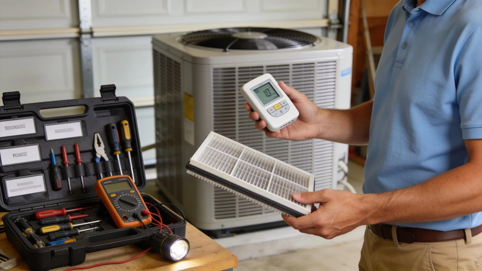 Homeowner diagnosing air conditioning problems by checking thermostat settings and air filters