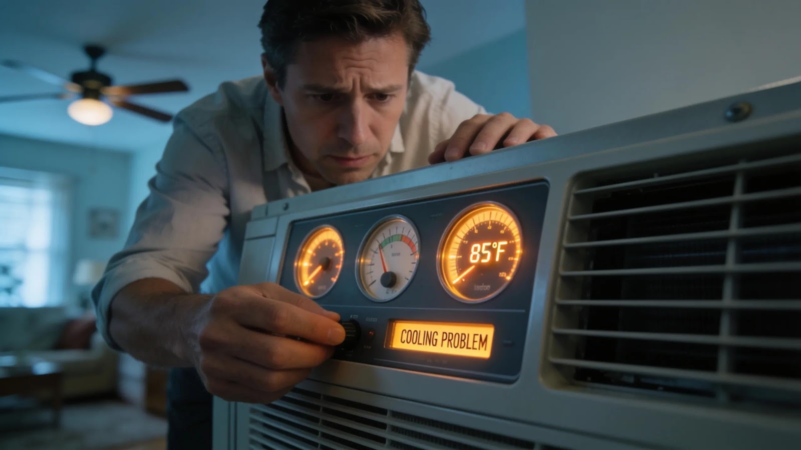 Close-up of an air conditioning unit with temperature gauges, illustrating signs of cooling problems