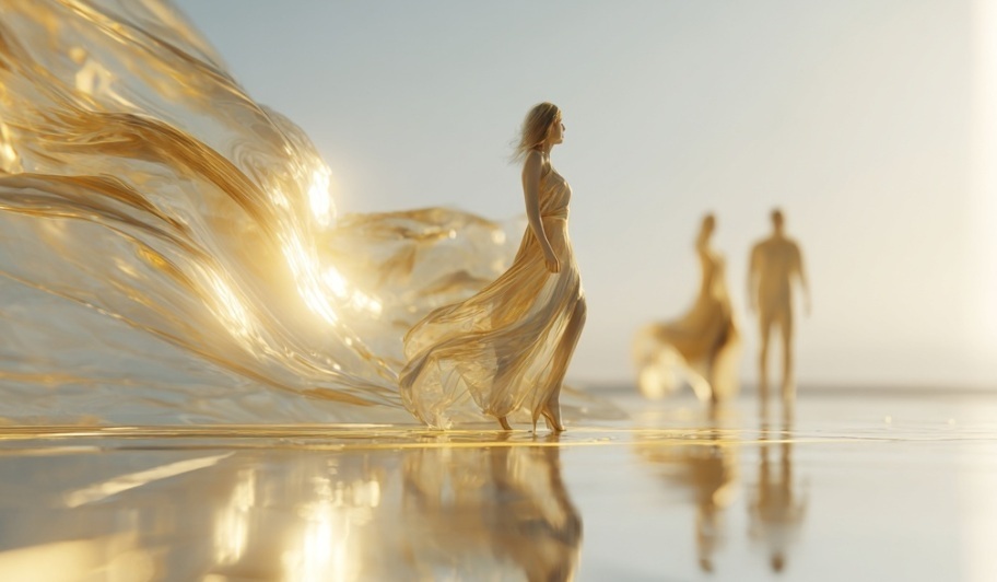 Voiles dorés au bord de l’eau, silhouettes en mouvement — métaphore du calme qui révèle la clarté (Bareez)