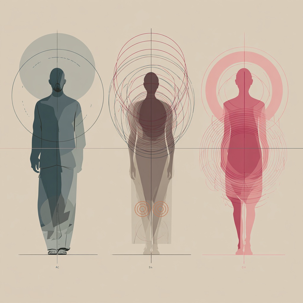 Trois silhouettes humaines superposées de cercles concentriques, illustrant posture, régulation et présence relationnelle – univers Bareez.