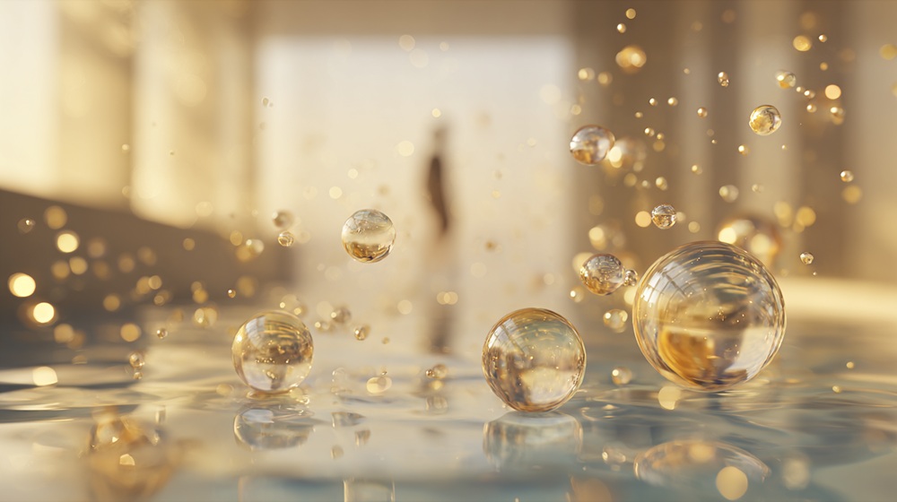 Bulles dorées flottant au-dessus d’une eau calme, lumière douce et silhouette floue au loin — calme et clarté, esprit Bareez.