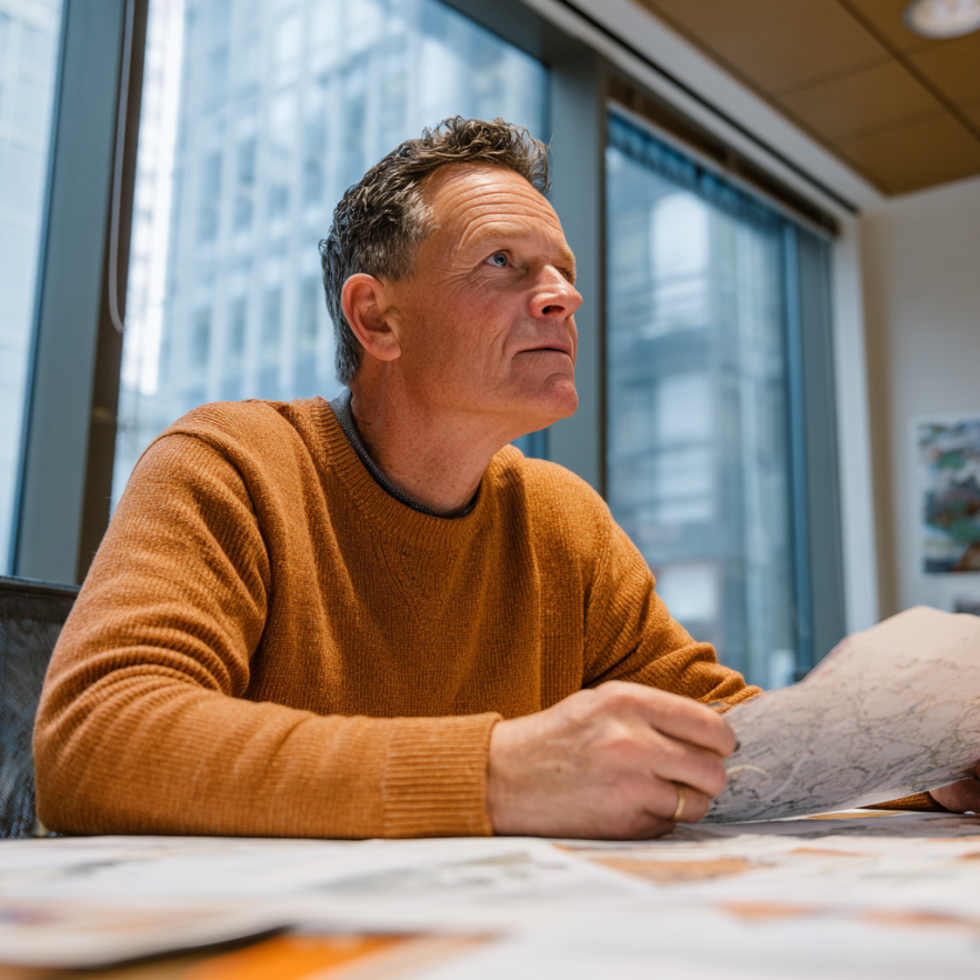 Man in orange sweater in a public-impact organization meeting