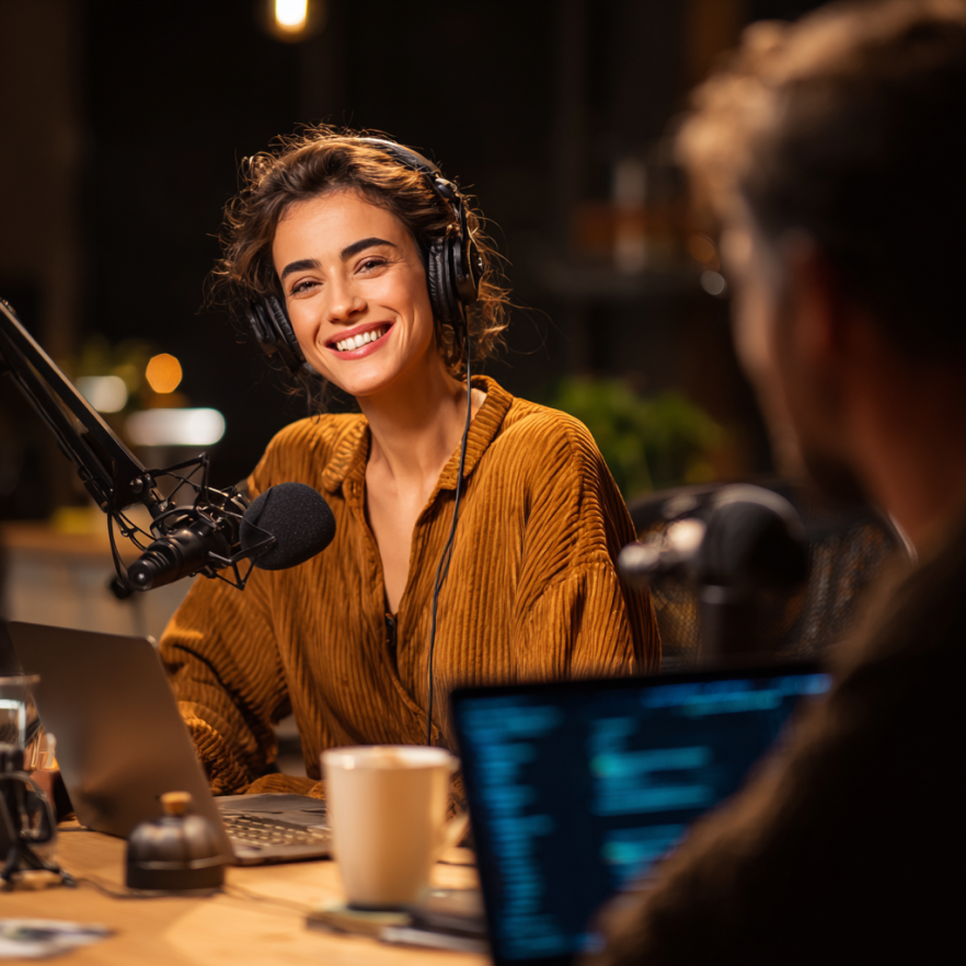 Smiling woman wearing headphones speaking into a microphone during a podcast recording.