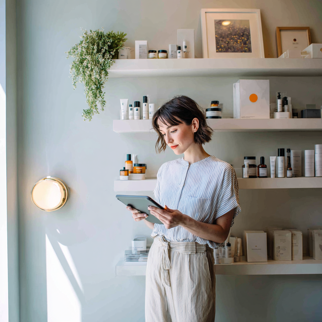 Woman in striped blouse and pants holding a tablet in a skincare store with shelves of products behind her.