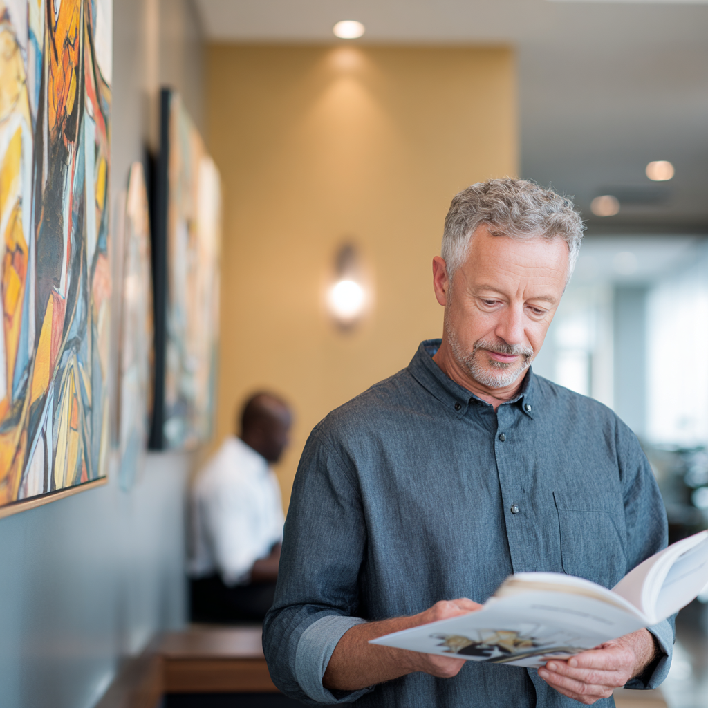 Middle-aged man with gray hair reading a booklet in a bright hallway with abstract paintings and a seated person in the background.
