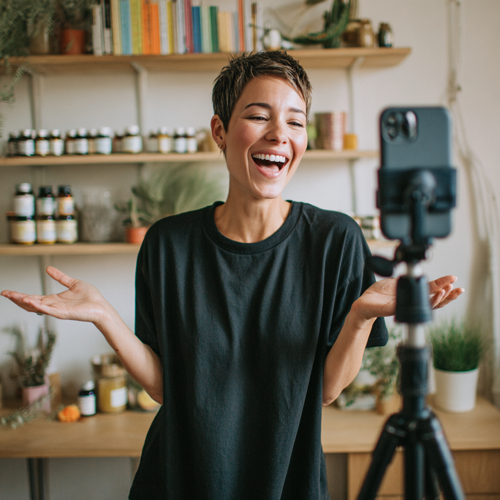 Smiling woman with short hair wearing a black t-shirt, gesturing with both hands while recording on a smartphone mounted on a tripod indoors with shelves and plants in the background.