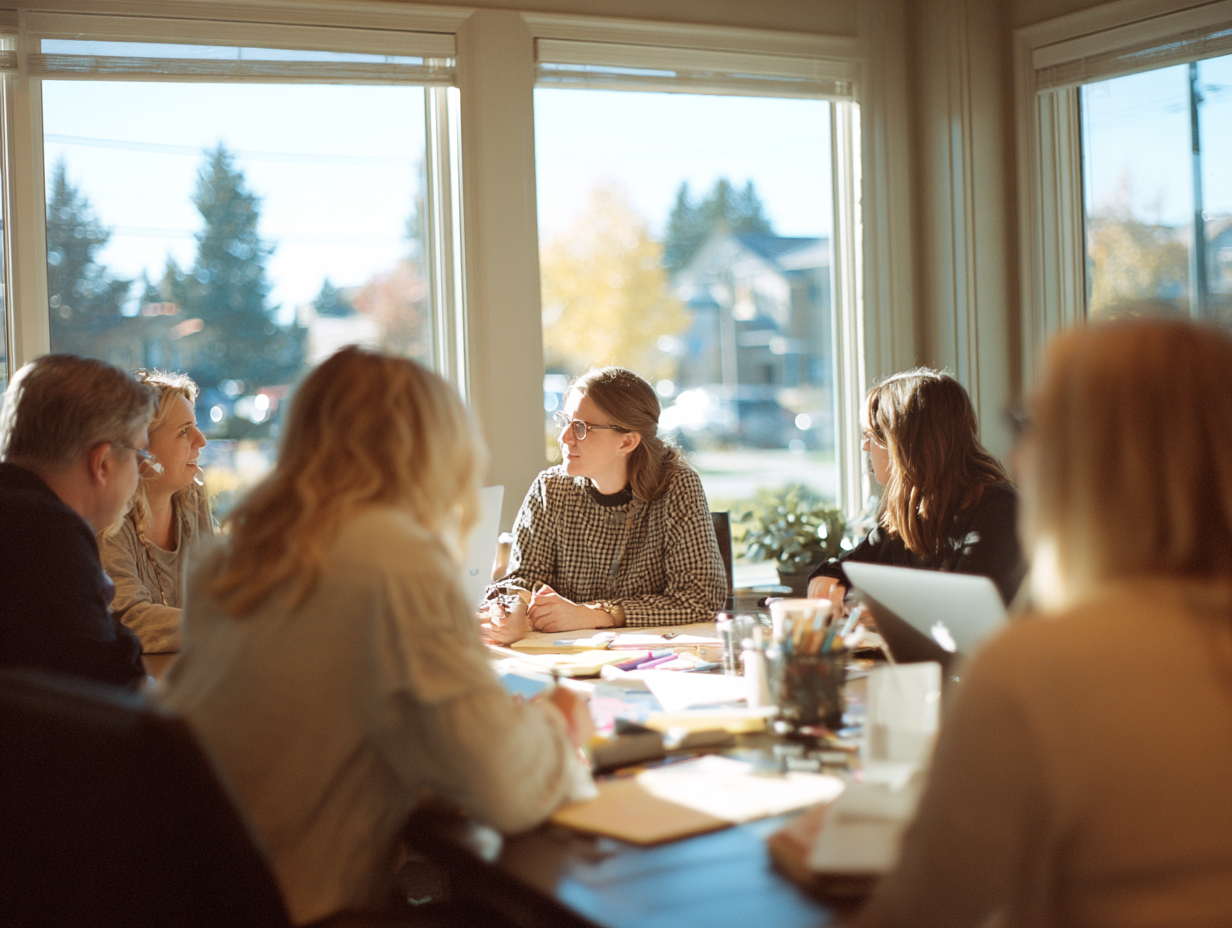 Group of six people sitting around a sunlit table in a meeting with laptops and papers.