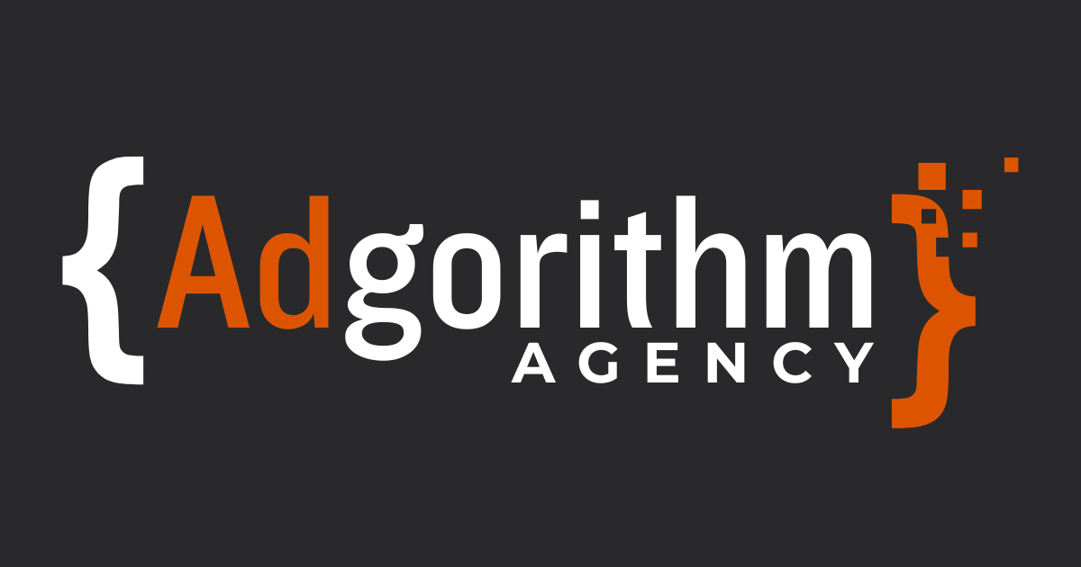 Adgorithm Agency logo with code brackets on the outside on a dark background.