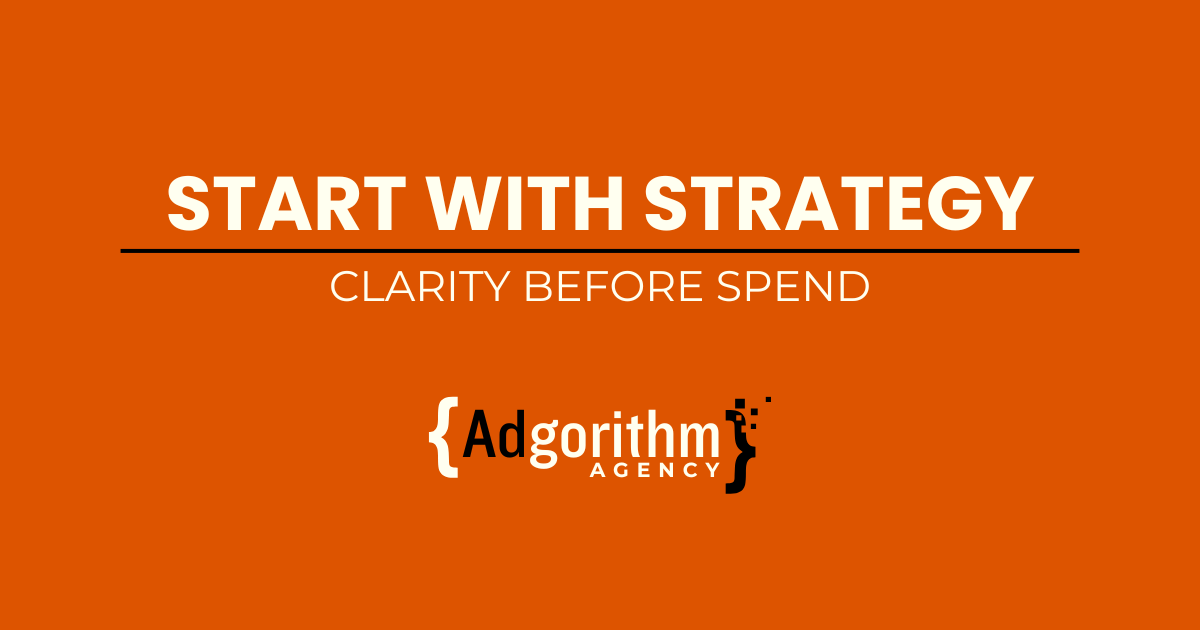 Orange background with white text reading Revenue Focus Sprint, Diagnose → Decide → Direct, and a stylized Adgorithm Agency logo.