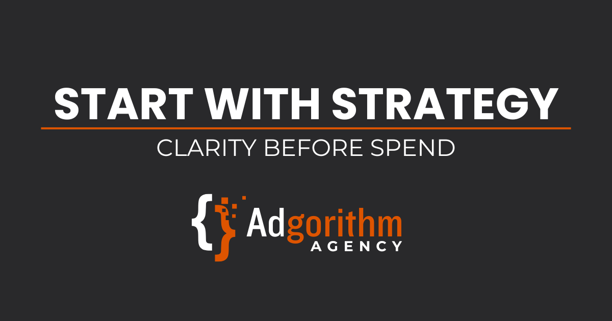 Orange background with white text reading Revenue Focus Sprint, Diagnose → Decide → Direct, and a stylized Adgorithm Agency logo.