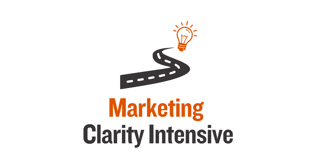 Logo with a winding road leading to an illuminated light bulb above the text 'Marketing Clarity Intensive'.