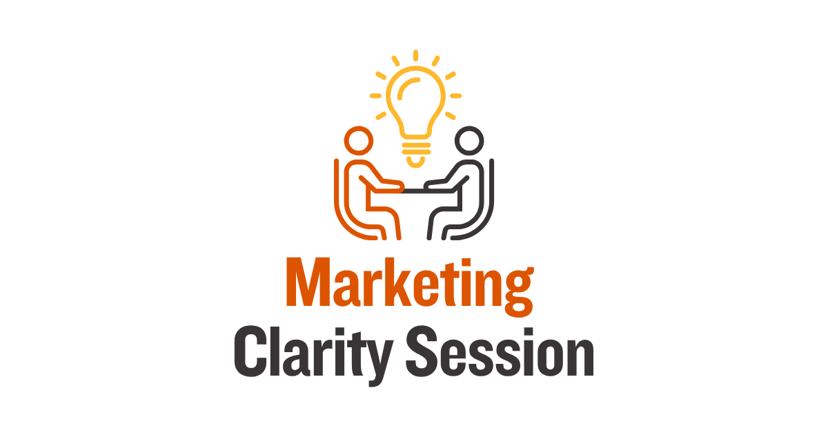 Icon of two people sitting at a table with a glowing light bulb above them, with text 'Marketing Clarity Session' underneath.