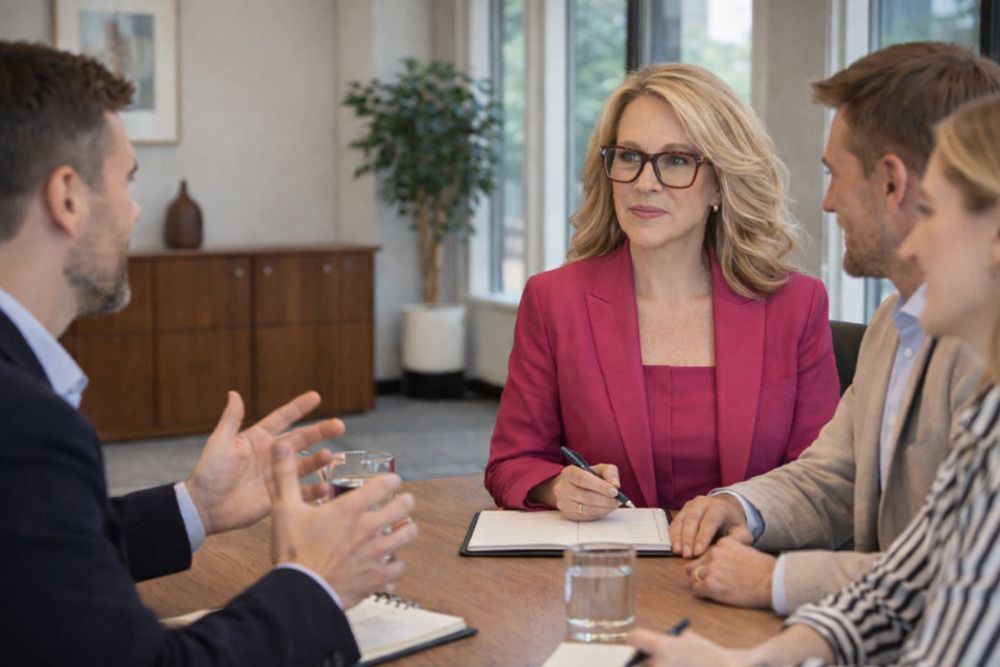 Four professionals having a meeting at a table with notebooks and glasses of water.