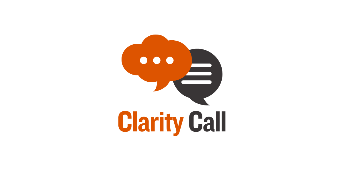 Logo with two overlapping speech bubbles and text 'Clarity Call', the left bubble is orange with three white dots, and the right bubble is dark grey with three white horizontal lines.