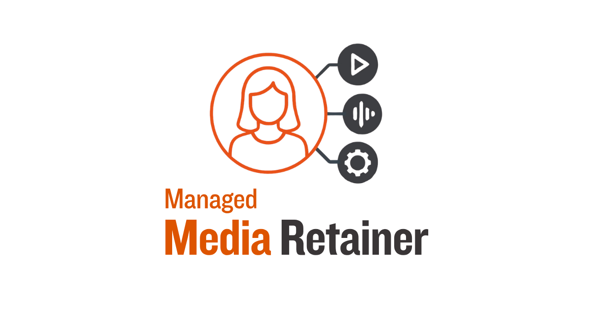 Icon of a woman in an orange circle connected to play, audio wave, and settings icons, with text 'Managed Media Retainer'.
