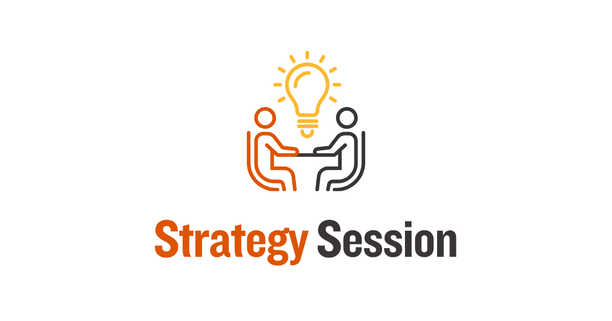 Graphic showing two stylized figures sitting across a table with a glowing light bulb above them, labeled 'Strategy Session'.