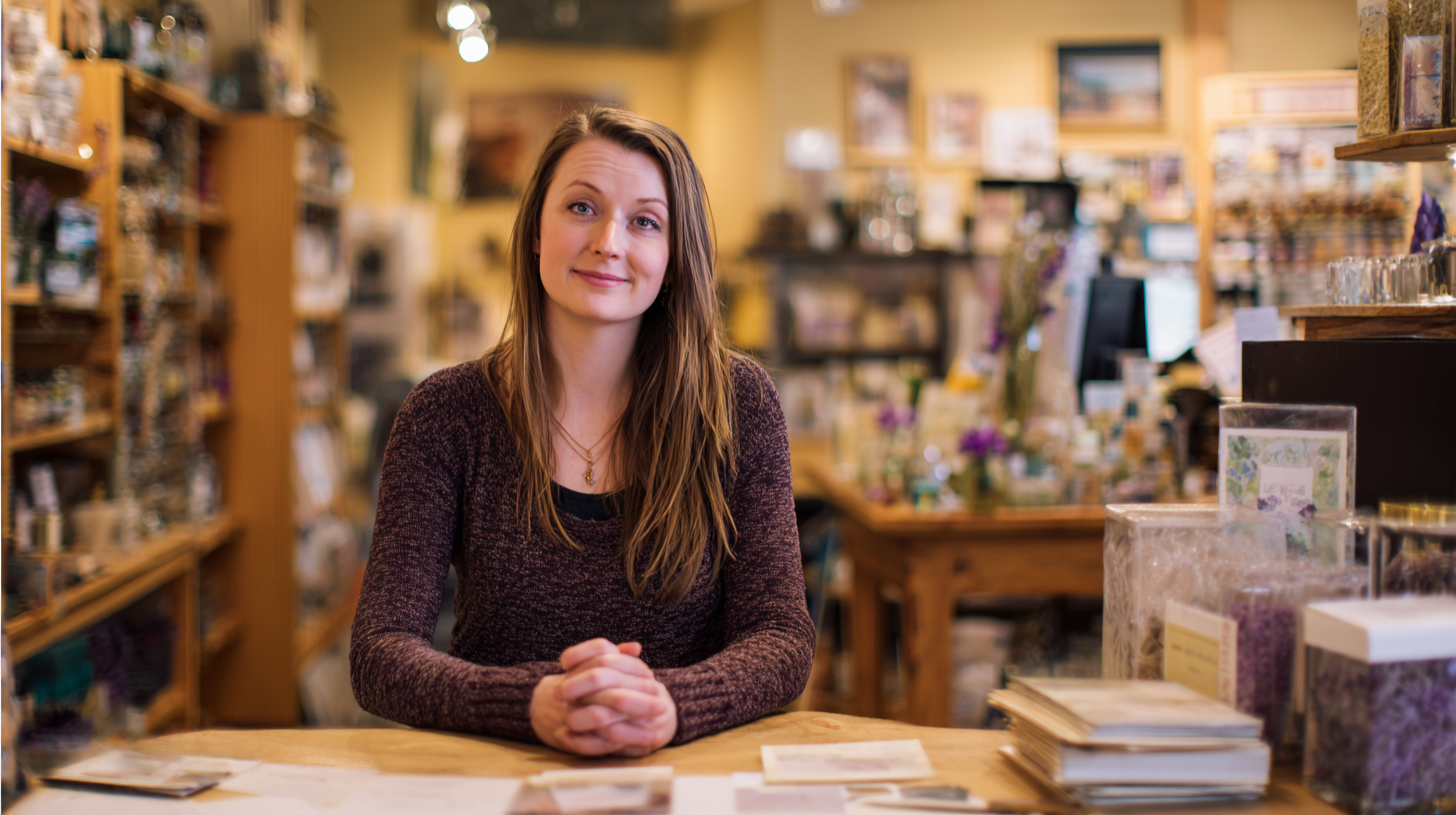 Woman with long brown hair sitting at a wooden counter inside a cozy small business shop.