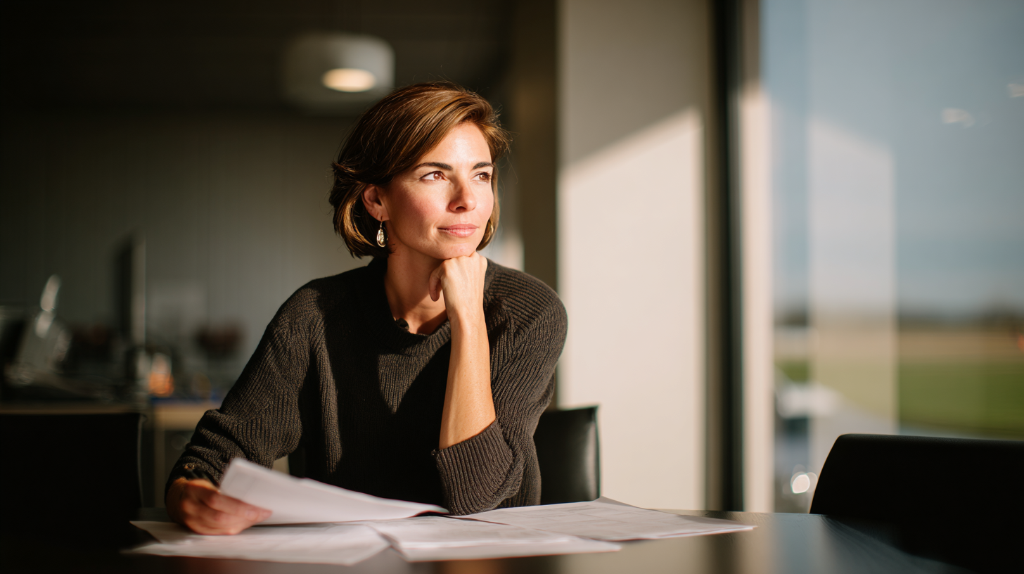 Woman sitting at a table with papers, looking thoughtfully out a sunlit window.