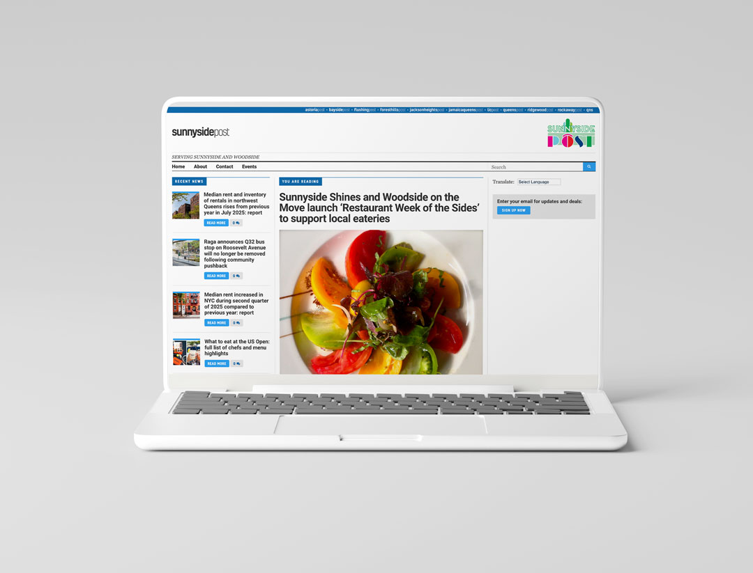 Laptop displaying the Sunnyside Post website with headline about Restaurant Week supporting local eateries alongside a photo of a colorful salad.