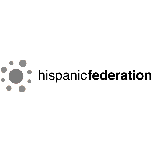 Logo featuring a central gray circle with orange rays and smaller gray circles around it, next to the text 'hispaniofederation'.
