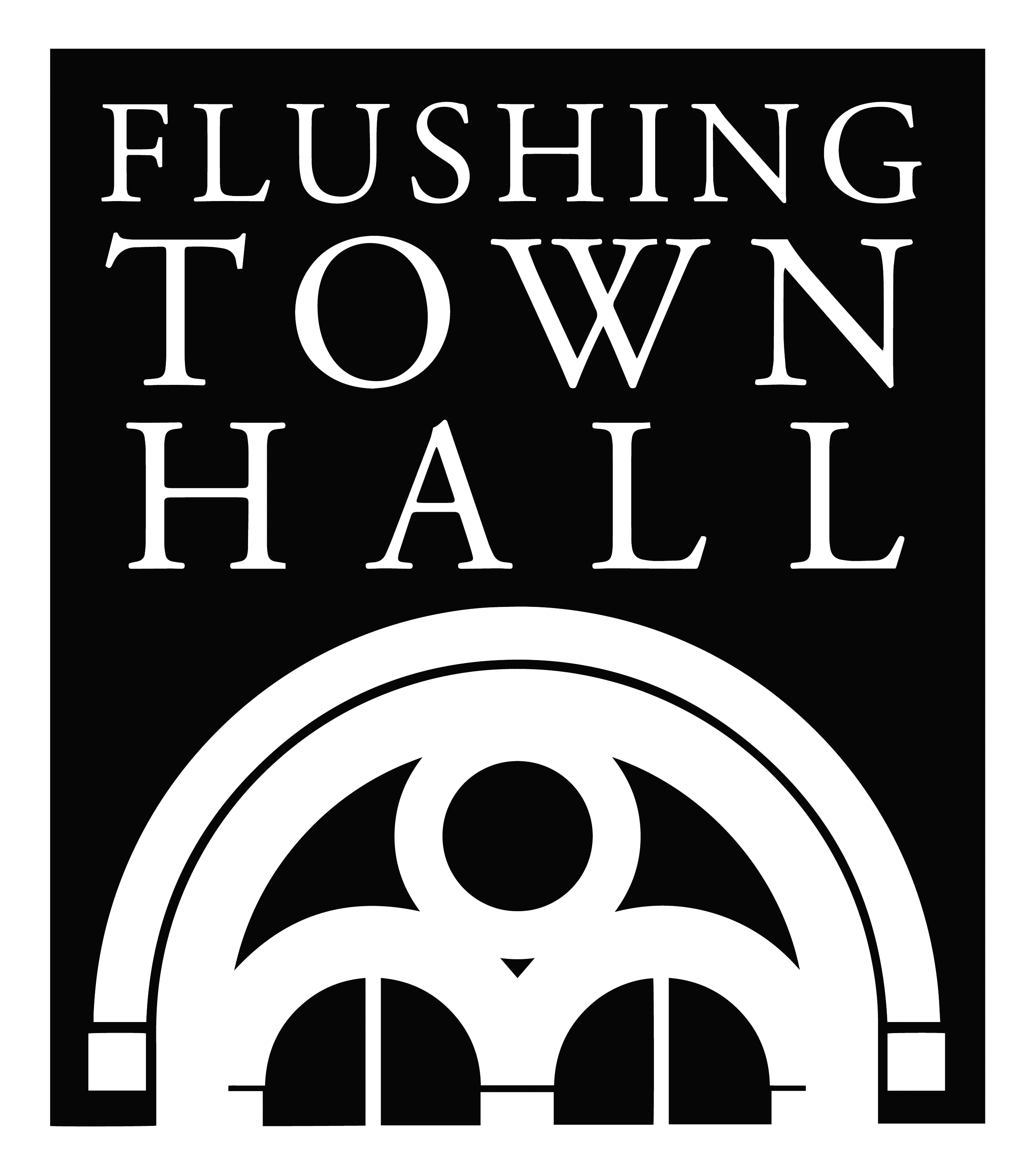 Logo with the text 'Flushing Town Hall' and an abstract arch and figure design.