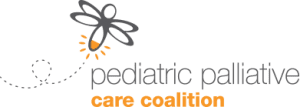 Pediatric Palliative Care Coalition Logo with Pediatric Palliative in lowercase sans serif gray type and Care Coalition in lowercase sans serif orange type with a stylized firefly floating over the 'P" in Pediatric