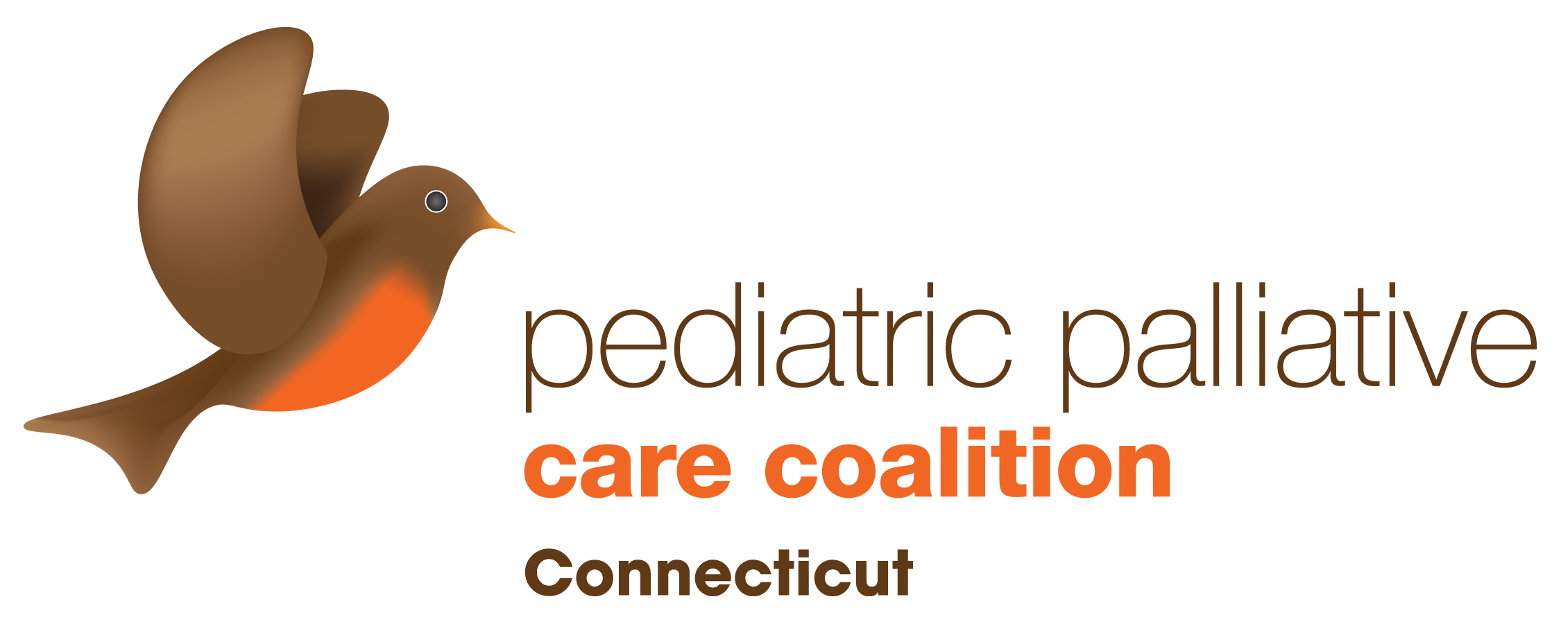 Pediatric palliative care coalition of Connecticut logo Showing a robin with a red breast flying over the sans serif copy