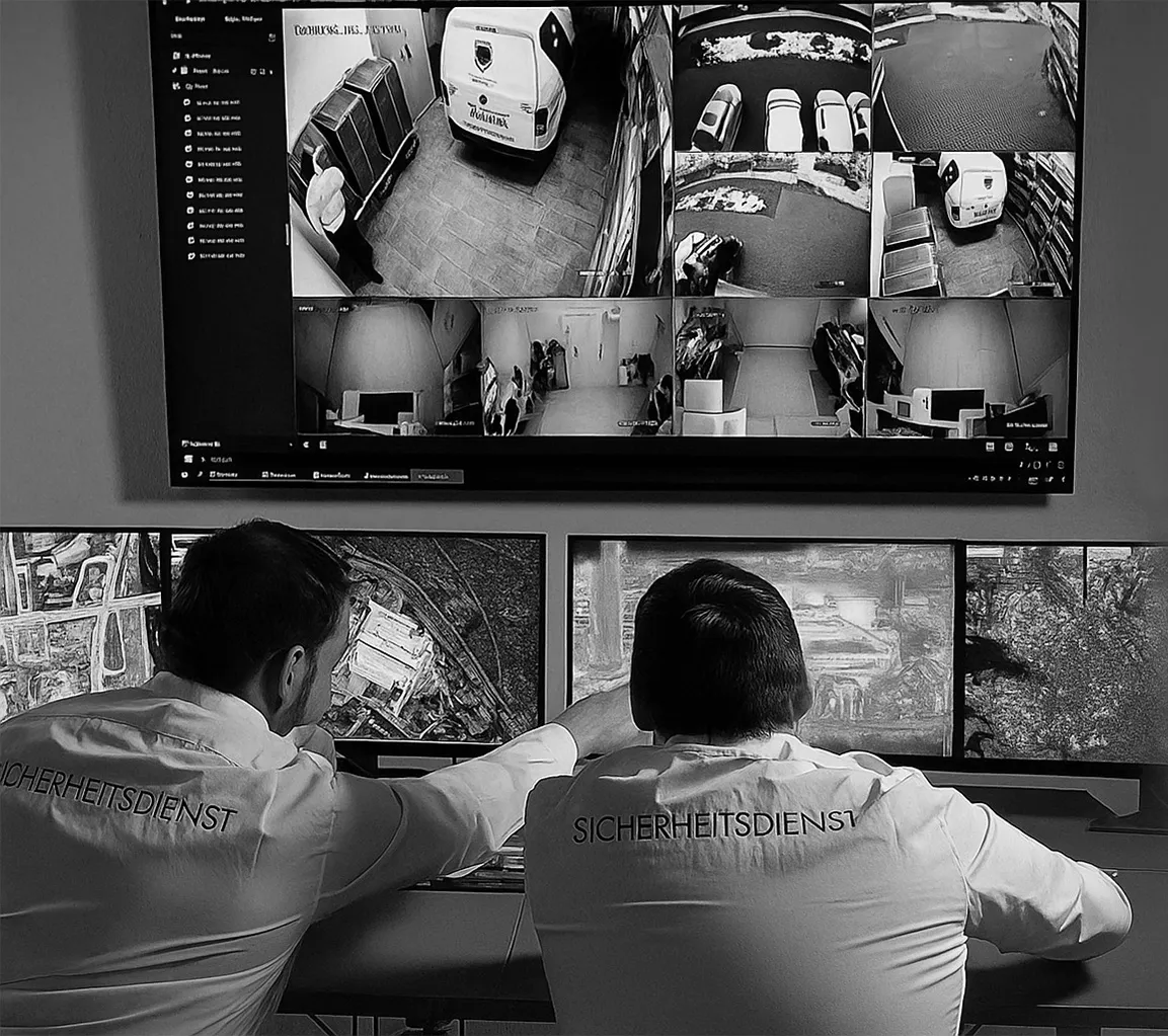 Zwei Sicherheitsdienst-Mitarbeiter sitzen in der modernen Secoserv-Alarmzentrale in Aue-Bad Schlema und überwachen auf mehreren Monitoren Live-Bilder aus der Kameraüberwachung. Auf den Bildschirmen sind Einsatzfahrzeuge, Objektbereiche und Sicherheitszonen zu sehen – Symbol für den 24/7-Echtzeitbetrieb und die technologische Leistungsfähigkeit des Unternehmens.