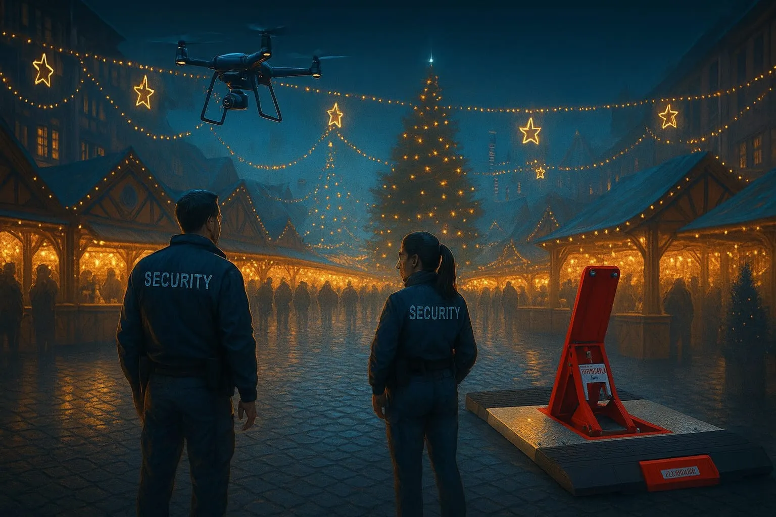 Zwei Sicherheitskräfte stehen auf einem festlich beleuchteten Weihnachtsmarkt und überwachen das Gelände. Über ihnen fliegt eine Drohne zur Luftüberwachung. Im Hintergrund sind Marktstände mit Lichterketten und ein großer geschmückter Weihnachtsbaum zu sehen. Rechts im Bild steht eine mobile Fahrzeugsperre zur Zugangssicherung des Marktes bei Nacht.