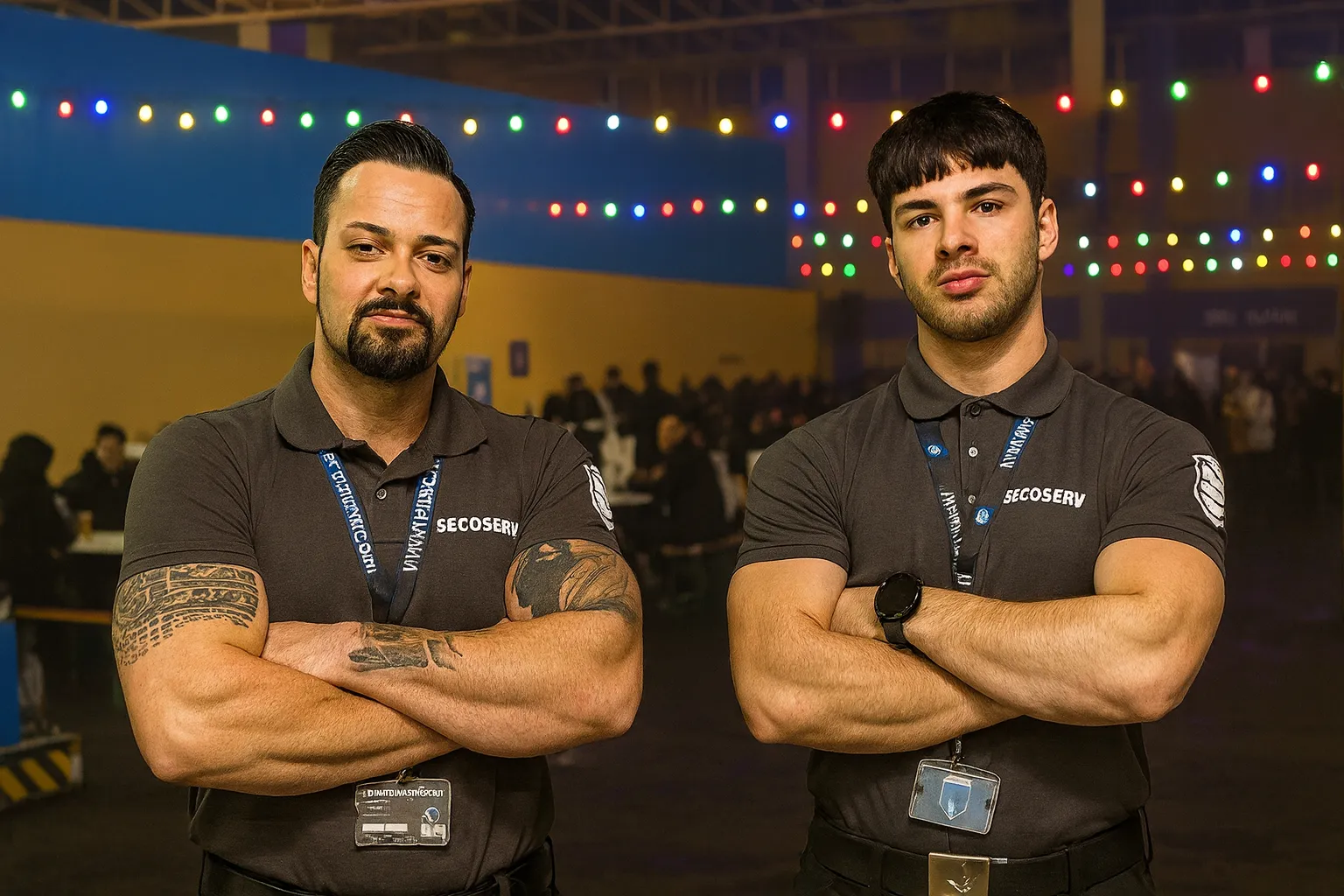 Zwei Sicherheitsmitarbeiter stehen nebeneinander mit verschränkten Armen in einer Veranstaltungshalle. Beide tragen dunkelgraue Poloshirts mit dem Firmenlogo ‚SECOSERV‘ sowie Namensausweise an Lanyards. Im Hintergrund sind unscharf Menschen an Tischen und bunte Lichterketten zu sehen, die auf eine laufende Veranstaltung hinweisen.