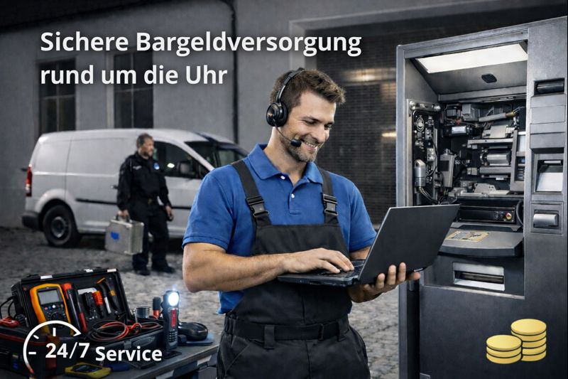 Wartung eines Geldautomaten durch Servicetechniker im Rahmen eines 24/7-Service.