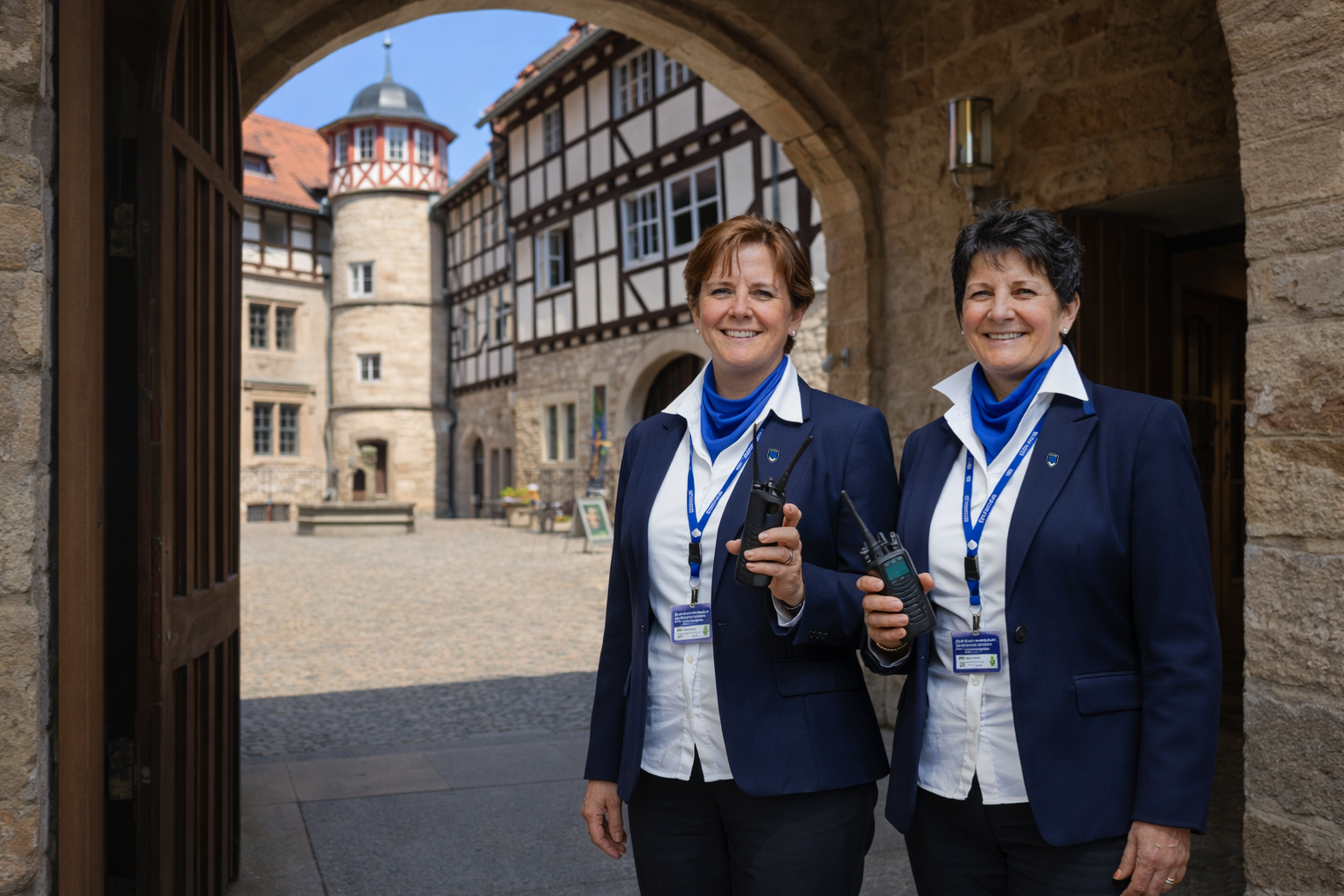 Zwei Sicherheitsmitarbeiterinnen in Uniform stehen im historischen Innenhof eines Fachwerkensembles und halten Funkgeräte; sie lächeln in die Kamera, im Hintergrund sind ein Torbogen, Kopfsteinpflaster und ein Turm zu sehen.