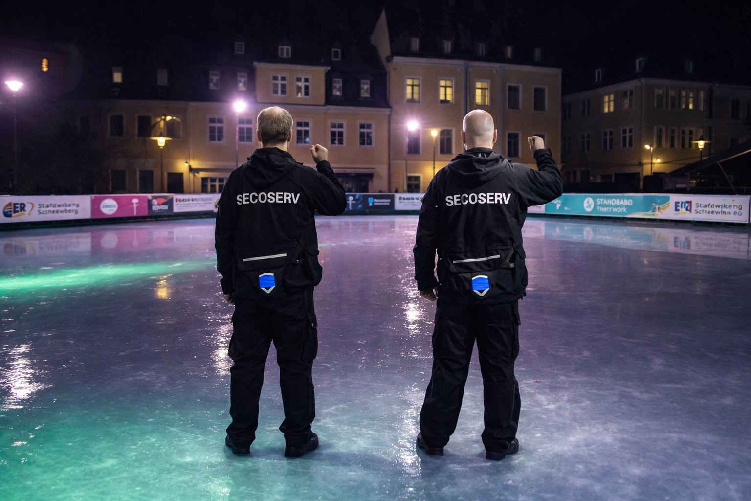 Eisbahn der SILBERSTROM Eisarena in Schneeberg mit Schlittschuhläufern und Winteratmosphäre im Stadtzentrum.