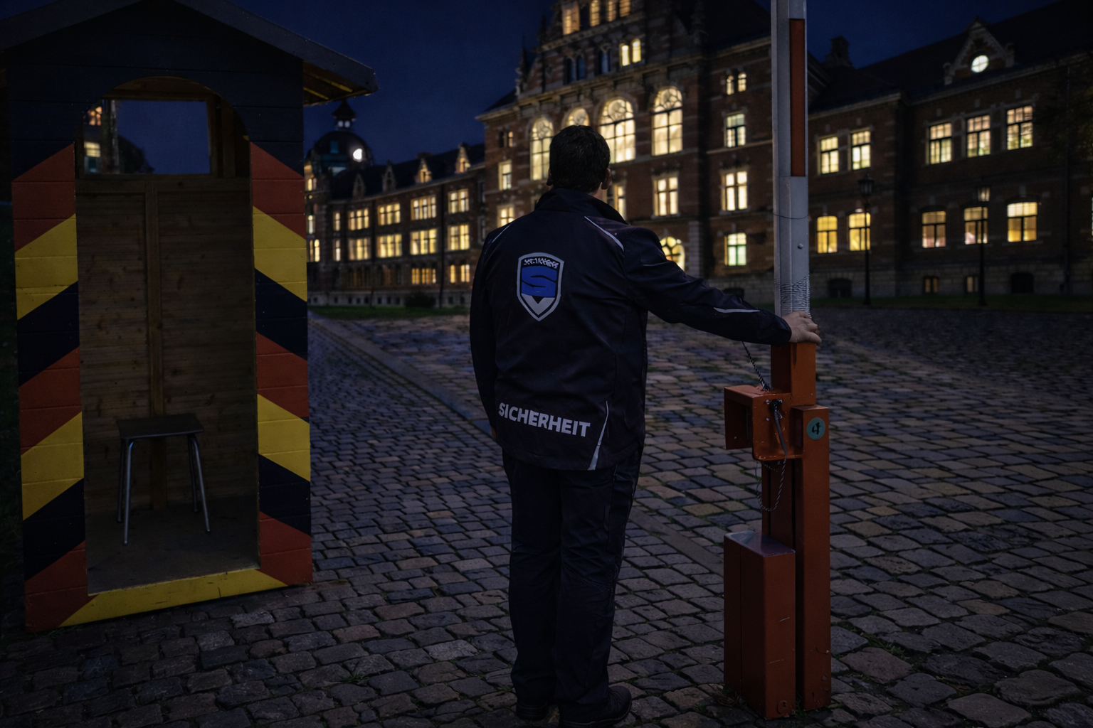 Sicherheitsmitarbeiter von Secoserv steht nachts an einer Zufahrtsschranke vor einem beleuchteten historischen Gebäude und überwacht den Zugang.